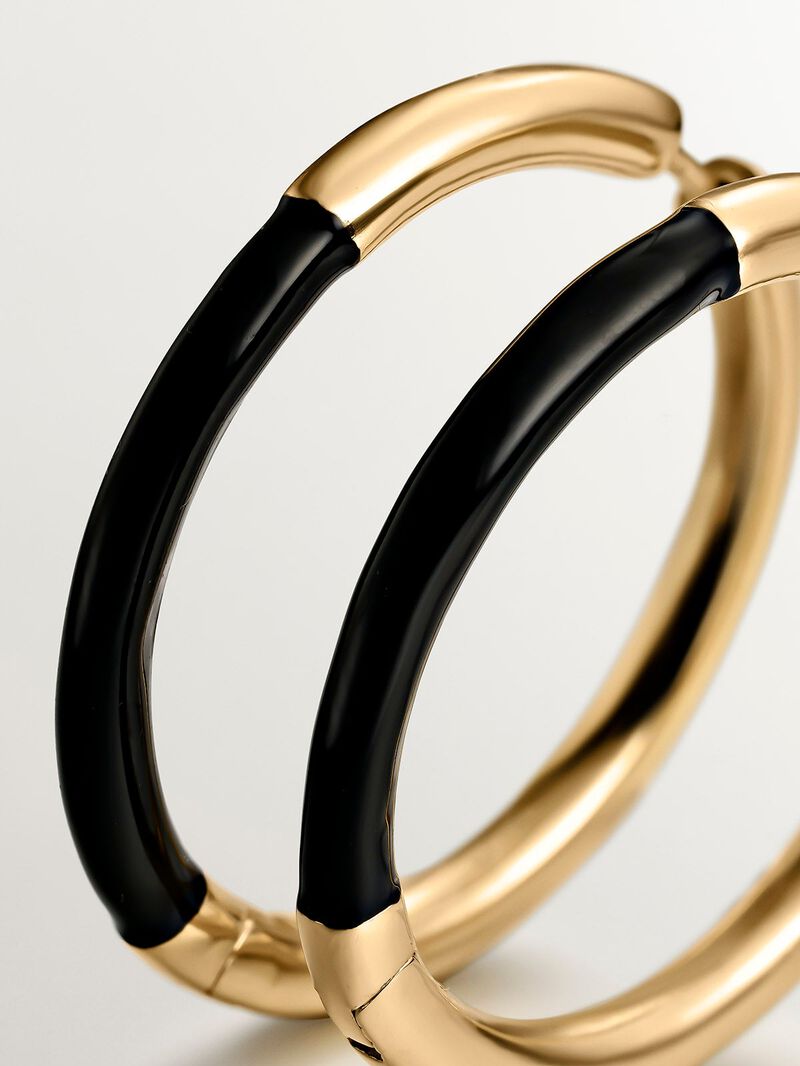 Large hoop earrings made of 925 silver, coated in 18K yellow gold with black enamel image number 4