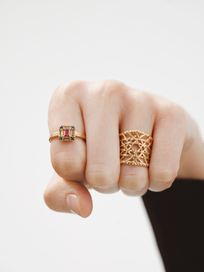 929 Silver ring bathed in 18K yellow gold with rhodolite, peridot, and topaz. image number 5