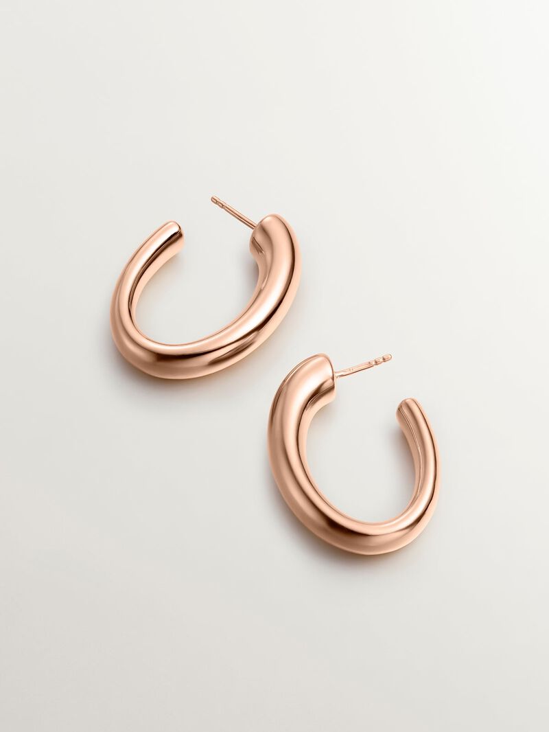 Large and thick 925 silver hoop earrings bathed in 18K rose gold with an oval shape. image number 2