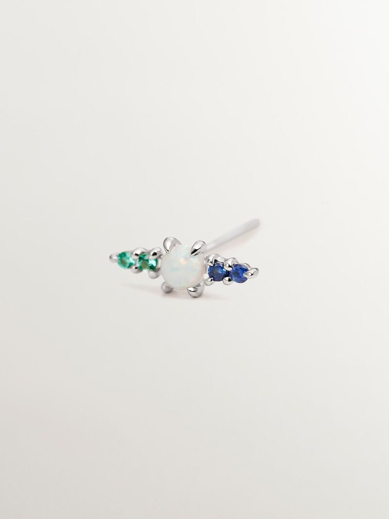 Individual 18K white gold earring with lab grown turquoise opal, blue sapphires and emeralds. image number 1