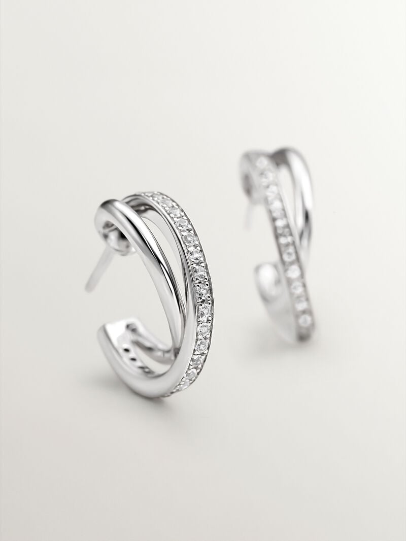 925 Silver triple hoop earrings with white topaz. image number 0