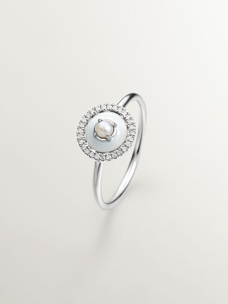 925 silver ring and 18K white gold with white pearl, white diamonds and gray enamel image number 0