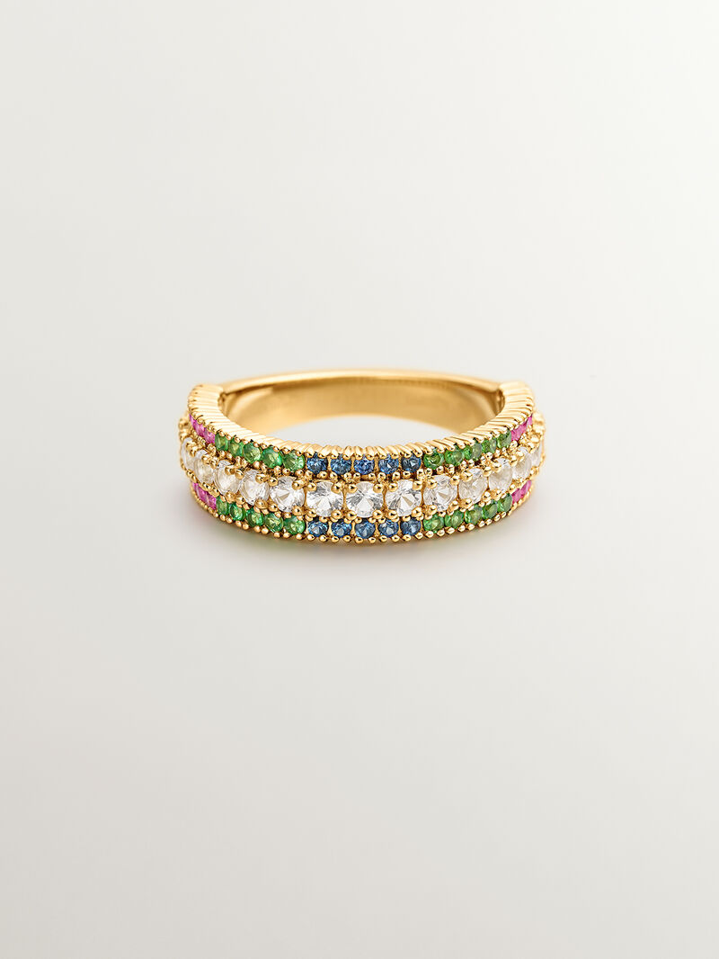 925 Silver ring bathed in 18K yellow gold with tsavorites, topaz, and multicolored sapphires. image number 2