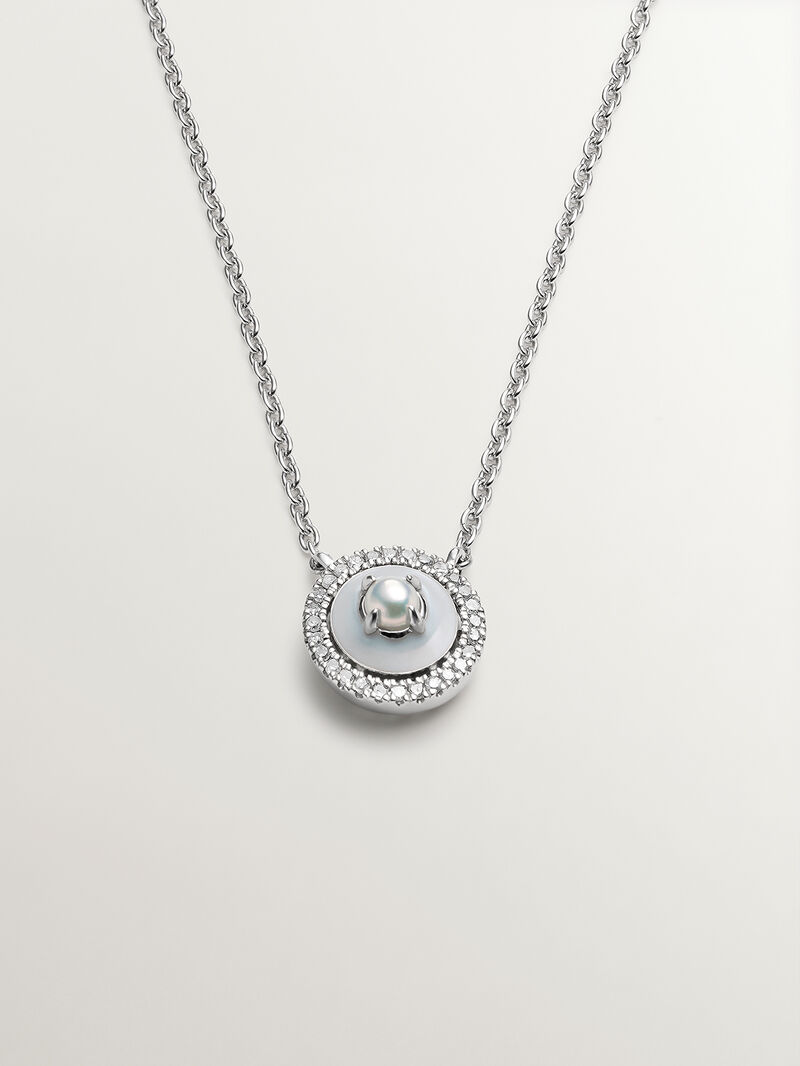 925 silver pendant and 18K white gold with white pearls, white diamonds and gray enamel image number 0