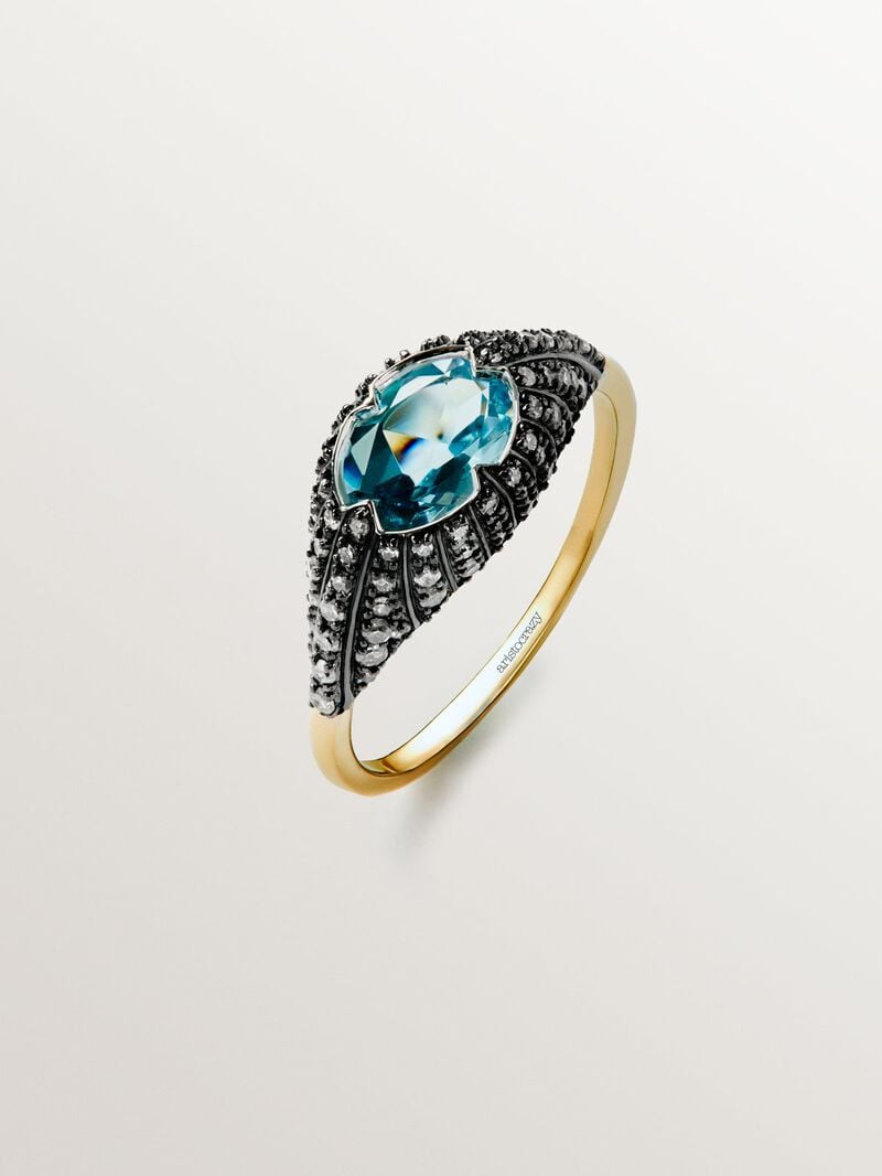 9K White and Yellow Gold Ring with Blue Topaz and Diamonds image number 0