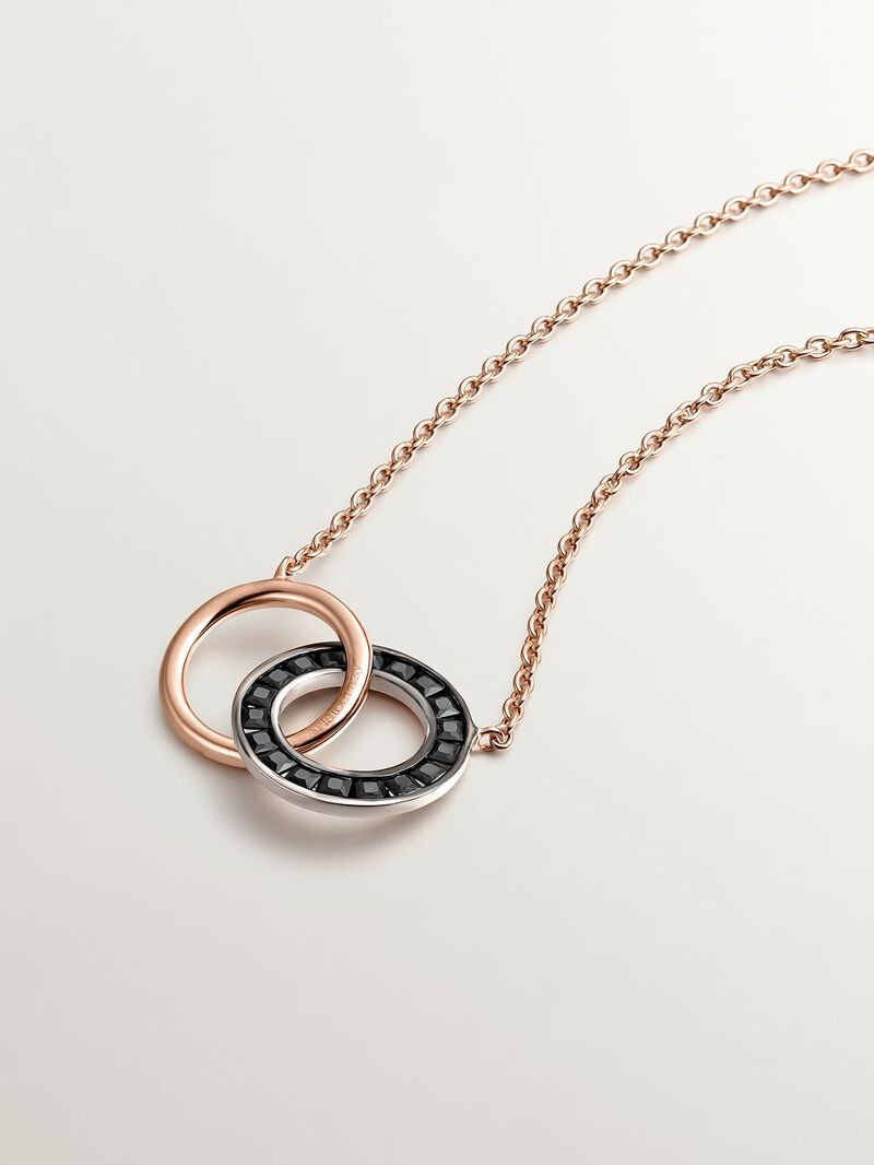 925 Silver pendant bathed in 18K rose gold with circles and black spinels. image number 2