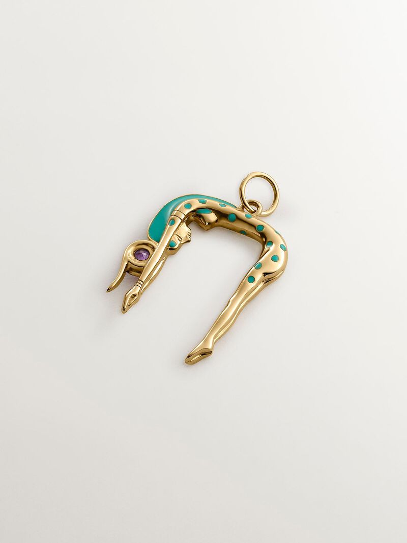925 Silver charm bathed in 18K yellow gold in the shape of the Nut goddess, purple amethyst and enamel. image number 2