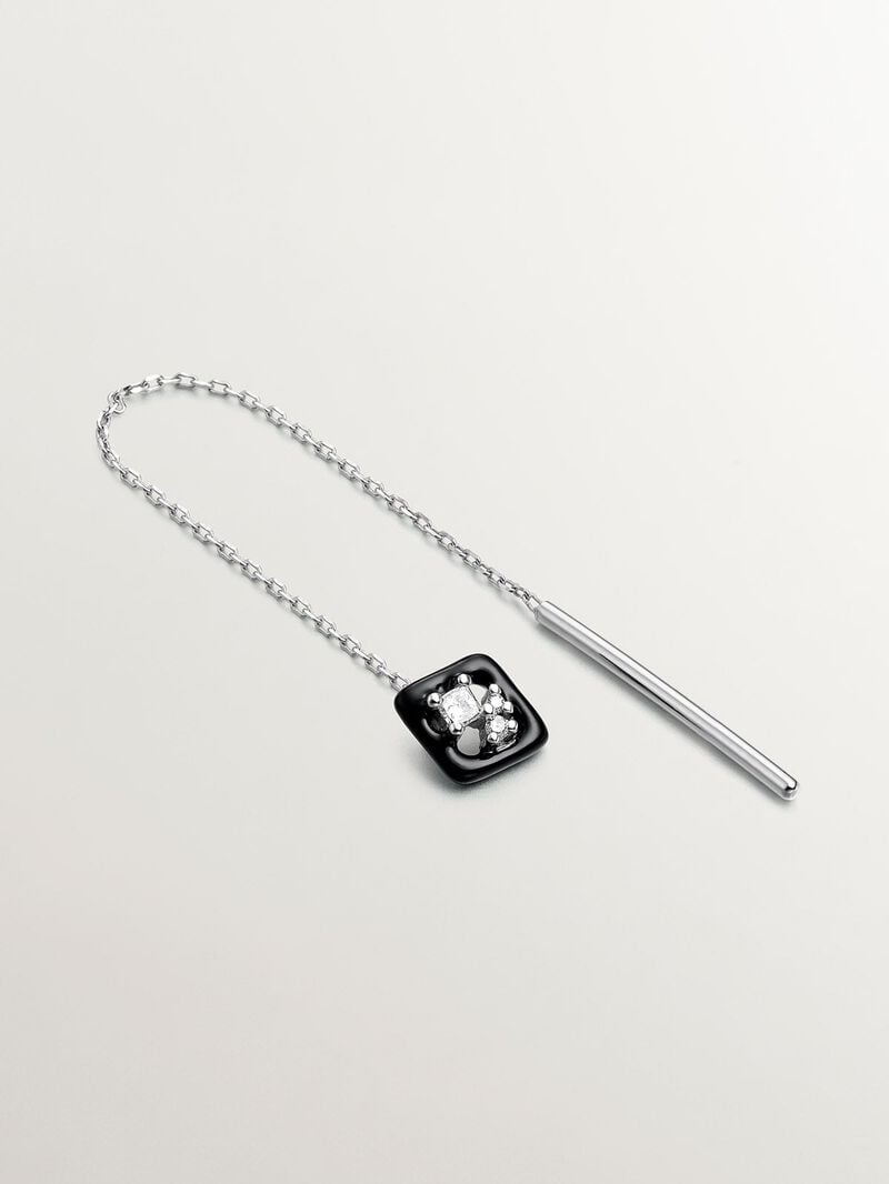 Individual earring of 18K white gold chain with diamonds and black enamel. image number 2