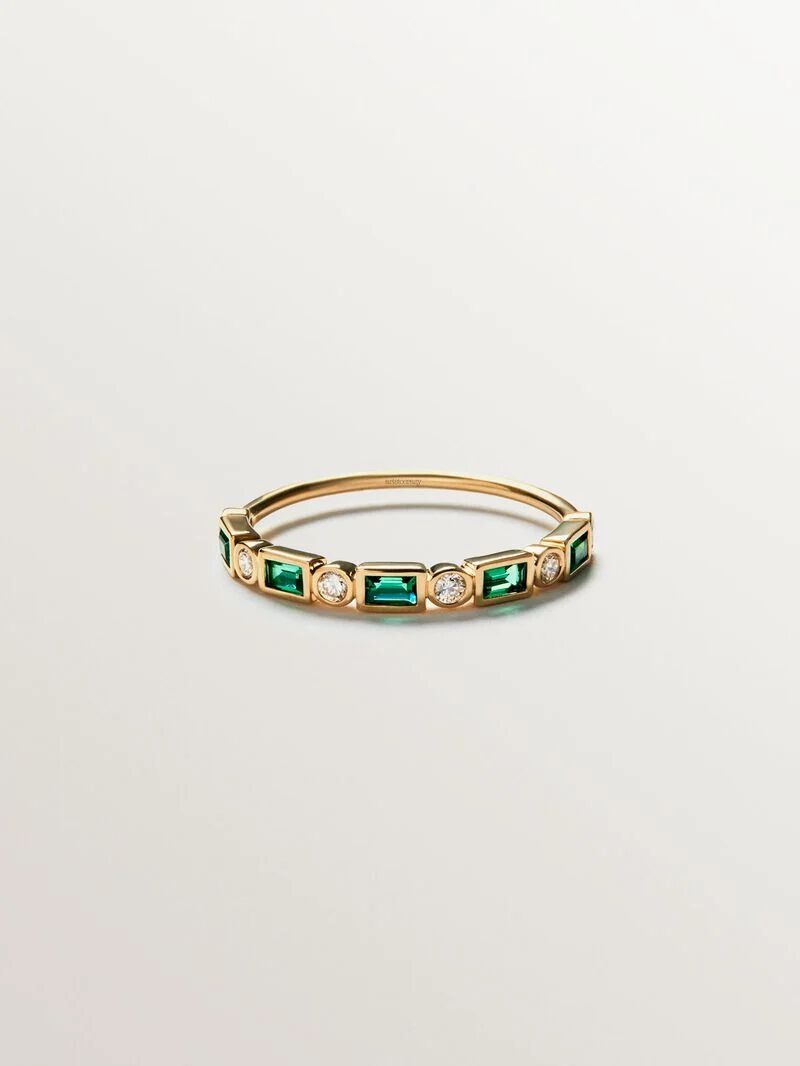 9K yellow gold ring with green emeralds and diamonds image number 1