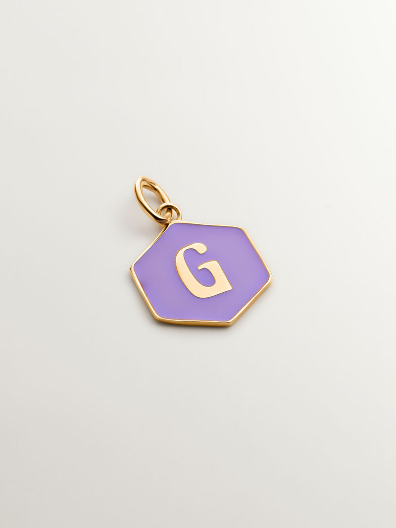 18K yellow gold plated 925 sterling silver charm with initial G and lilac enamel with hexagonal shape image number 0
