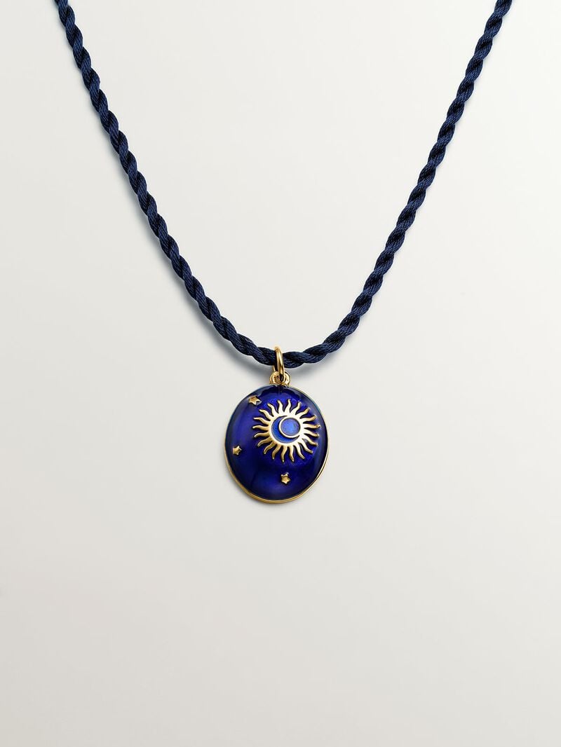Gold-plated silver necklace with blue enamel and sun and stars motif. image number 0