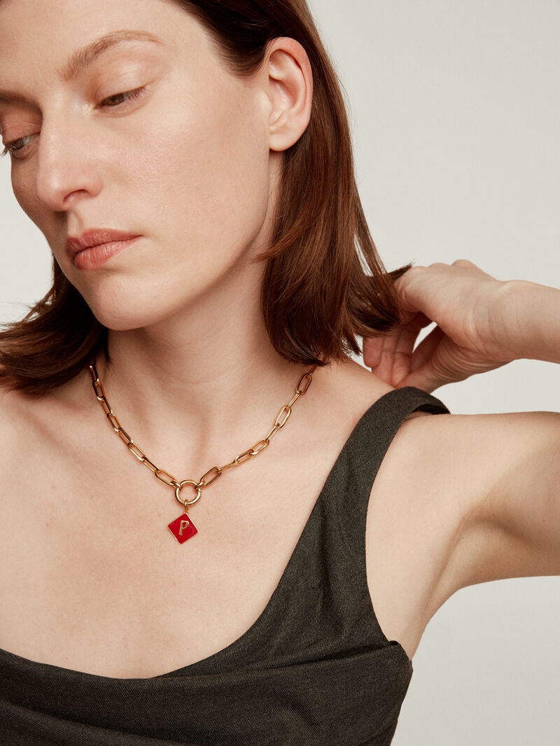 18K yellow gold plated 925 sterling silver charm with initial P and red enamel in diamond shape image number 3