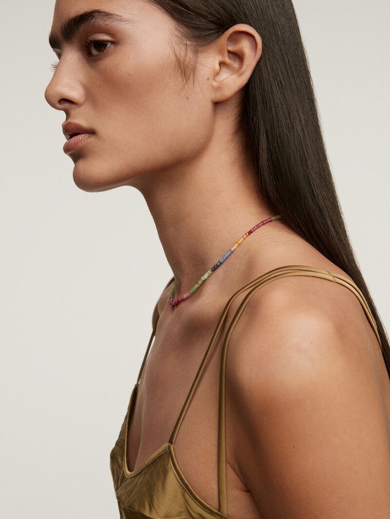 925 Silver necklace bathed in 18K yellow gold with multicolor sapphire beads image number 3