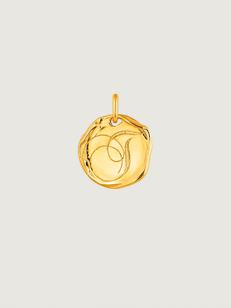 Handcrafted 925 silver charm plated in 18K yellow gold with initial T. image number 0