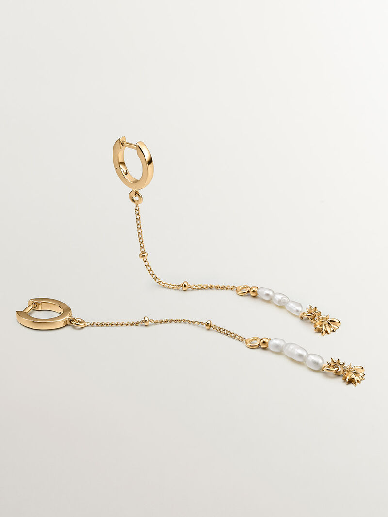 925 silver hoop earrings bathed in 18K yellow gold with pearl pendant and lotus flower. image number 4