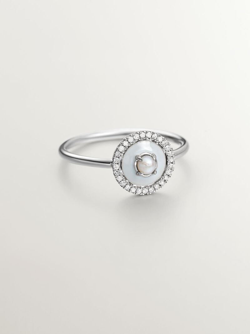 925 silver ring and 18K white gold with white pearl, white diamonds and gray enamel image number 2