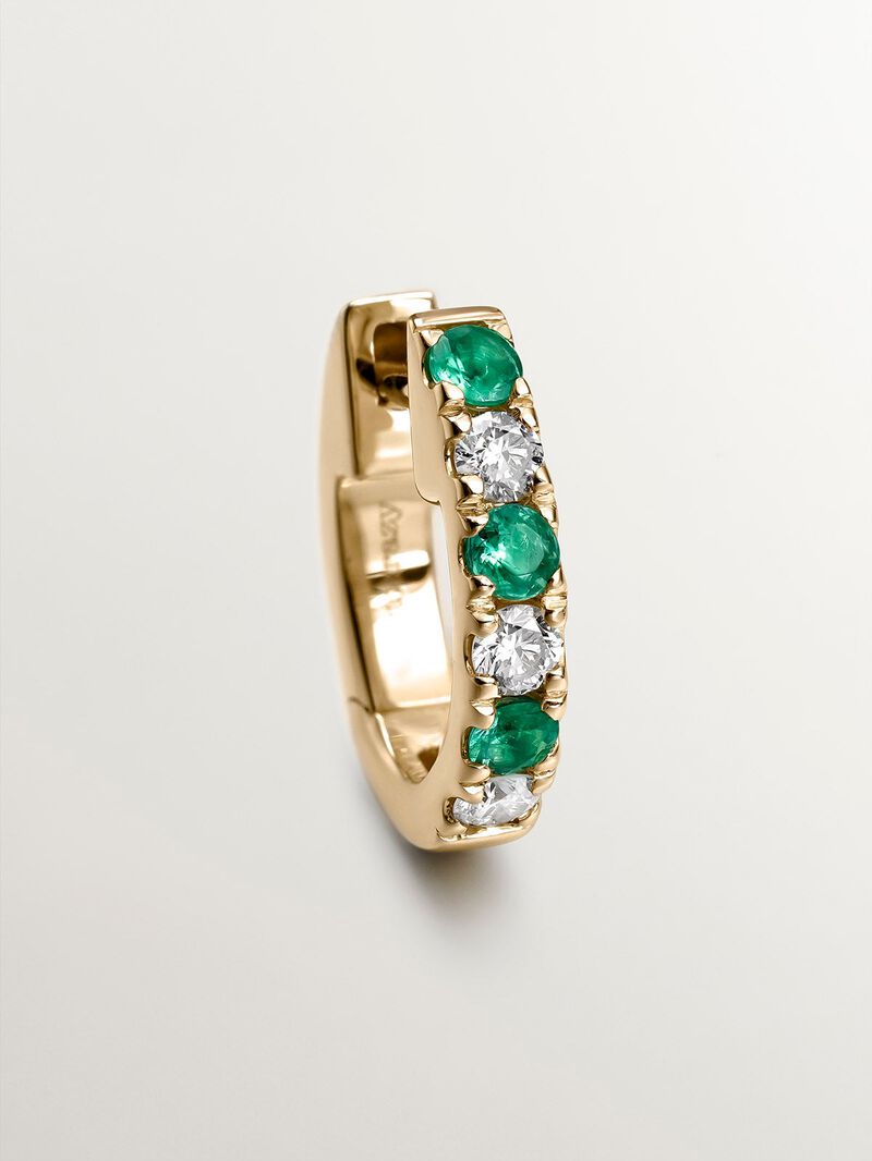 Individual 9K yellow gold hoop earring with emeralds and diamonds. image number 4