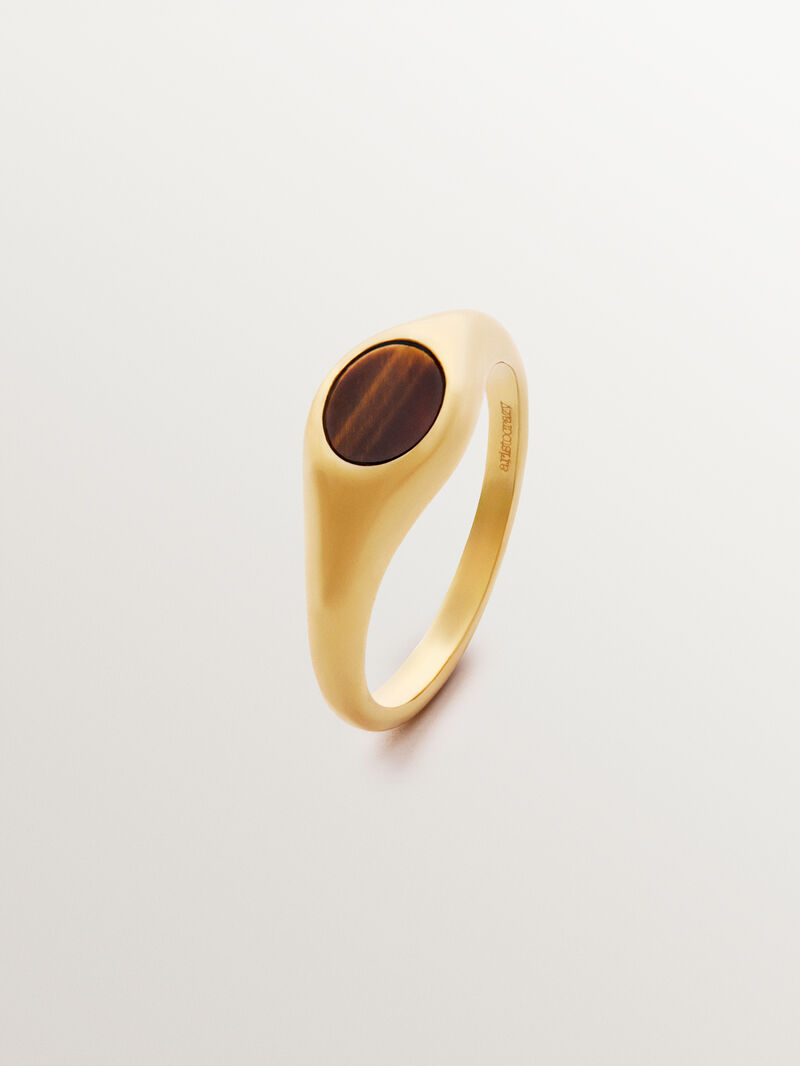 18K yellow gold plated 925 silver signet style ring with central tiger's eye. image number 0