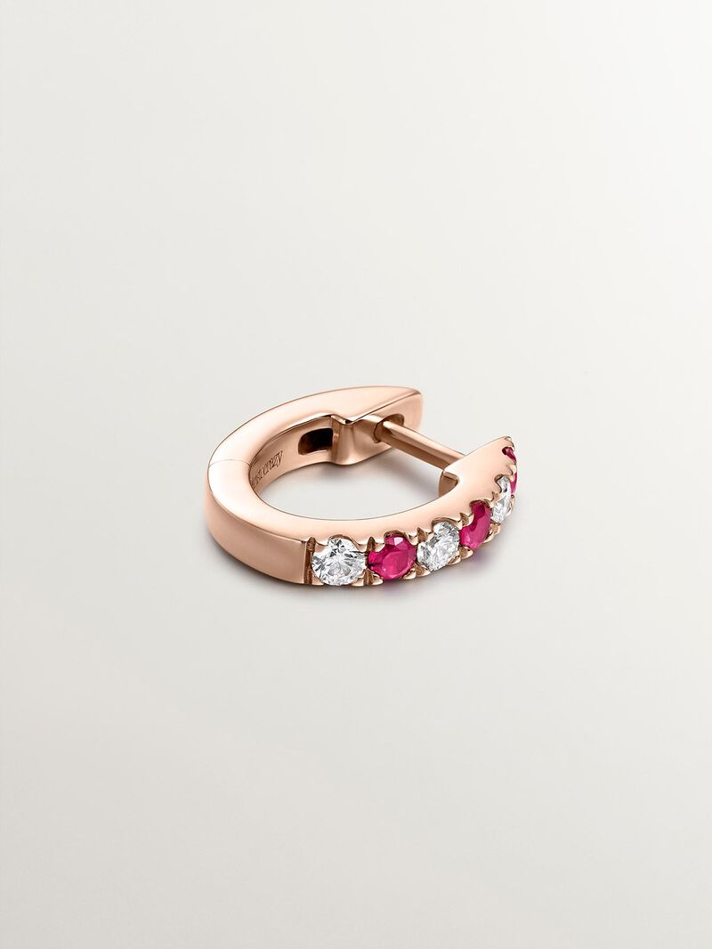 Single 9K rose gold hoop earring with rubies and diamonds. image number 2