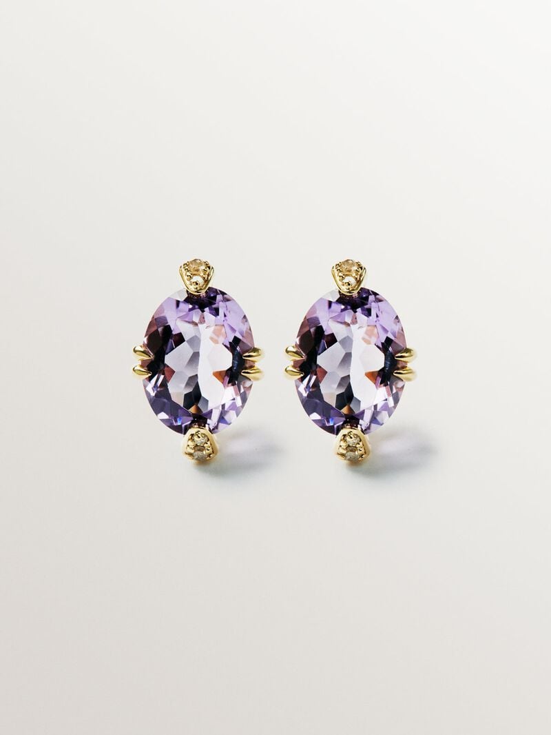 9K Yellow Gold Stud Earrings with Pink Amethysts and Diamonds image number 0