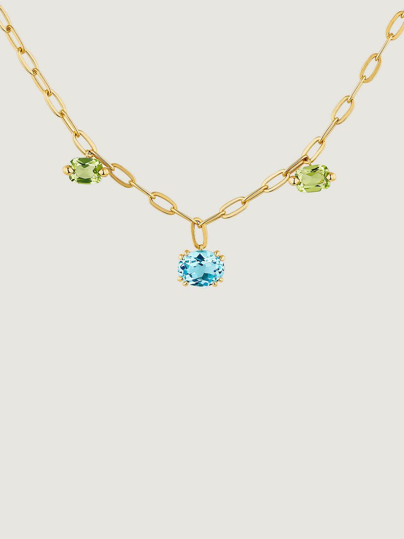 925 Silver necklace bathed in 18K yellow gold with Swiss blue topazes, green peridots and citrines. image number 1