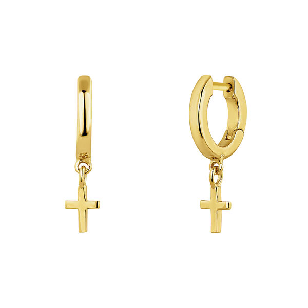 Gold plated silver cross hoop earrings, J04867-02,hi-res