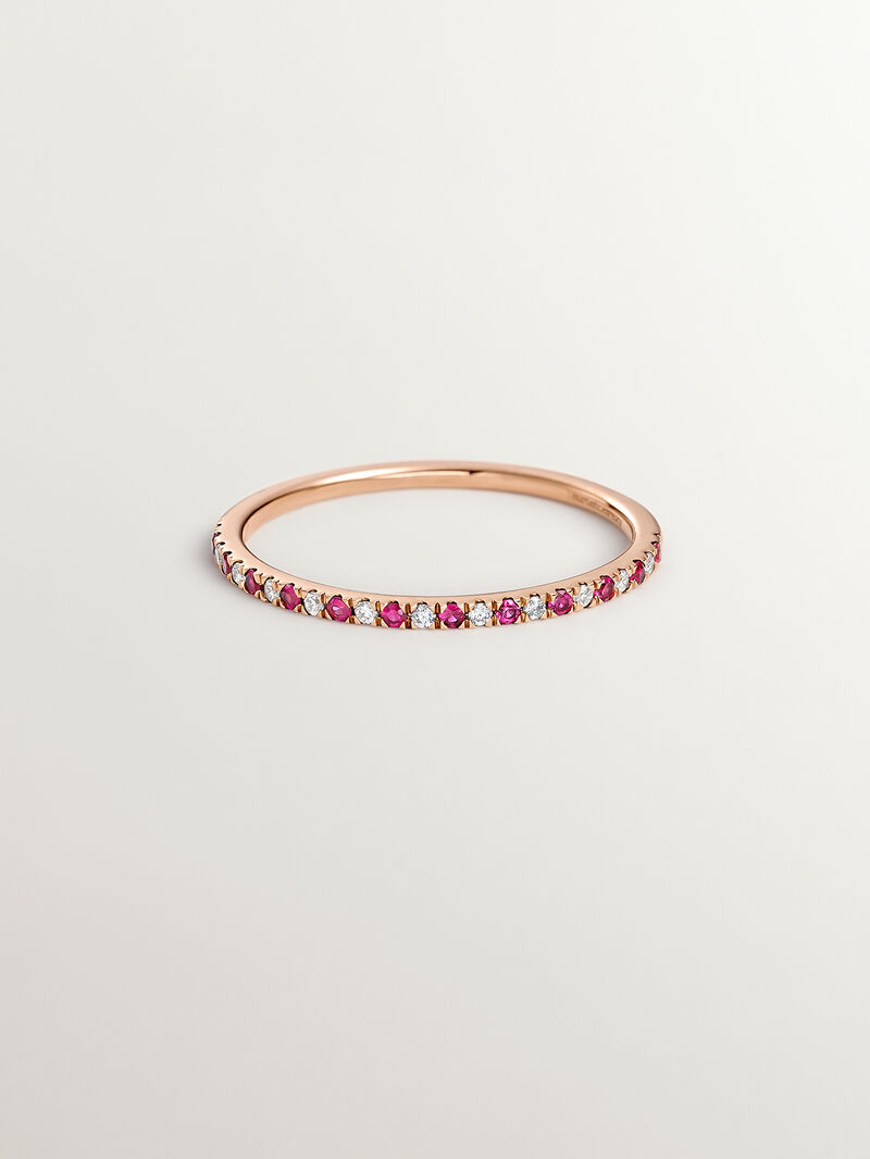 9K Rose Gold Ring with Red Rubies and Diamonds image number 2