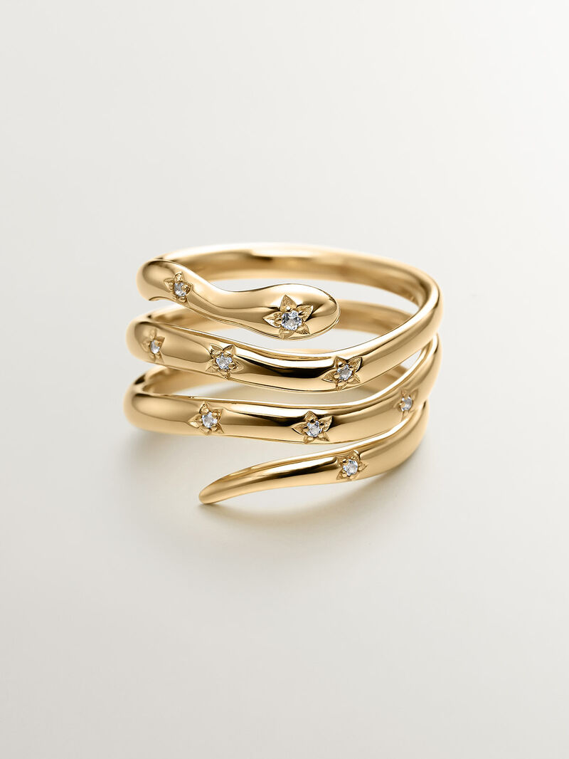931 Silver triple ring bathed in 18K yellow gold with a snake shape and white topazes. image number 2