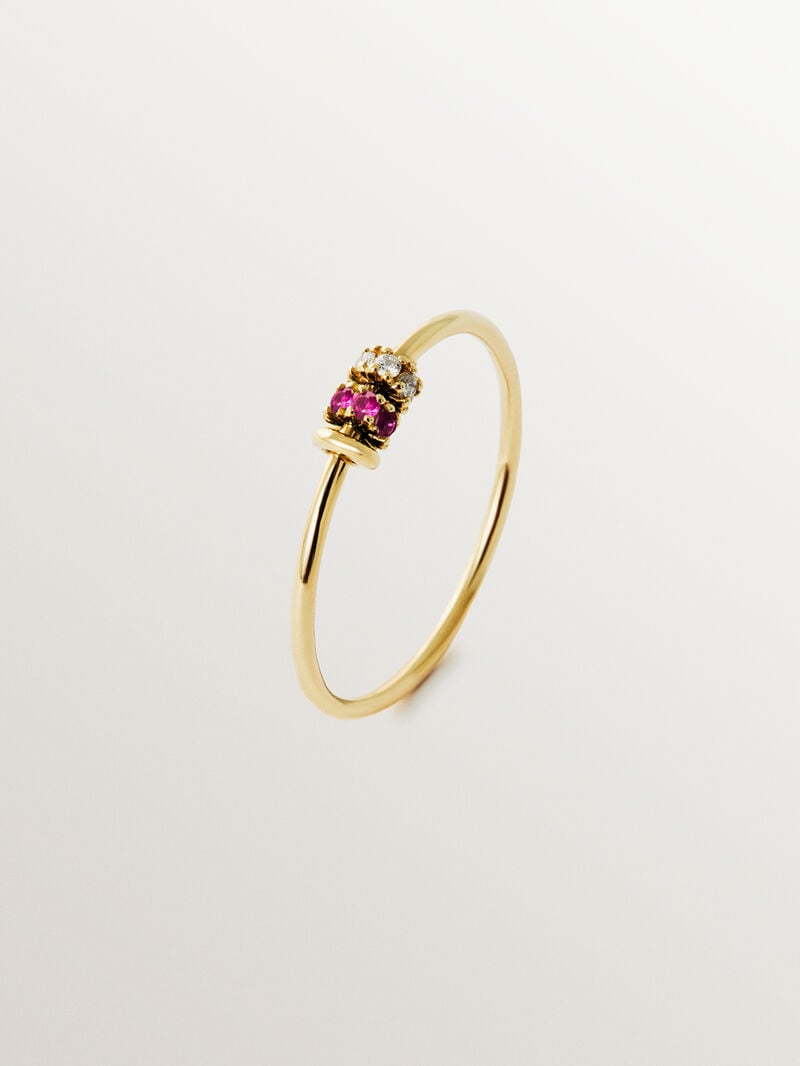 9K yellow gold ring with rubies and diamonds image number 0