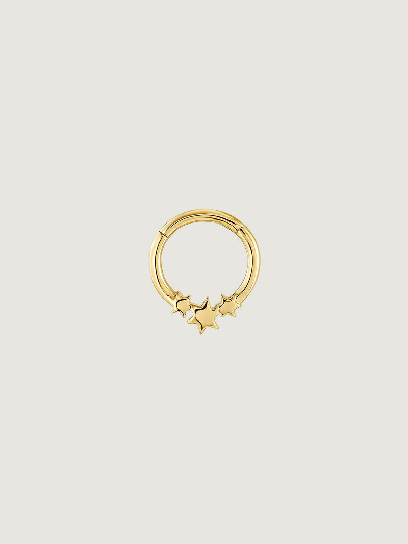 Small 9K yellow gold hoop earring with stars. image number 2