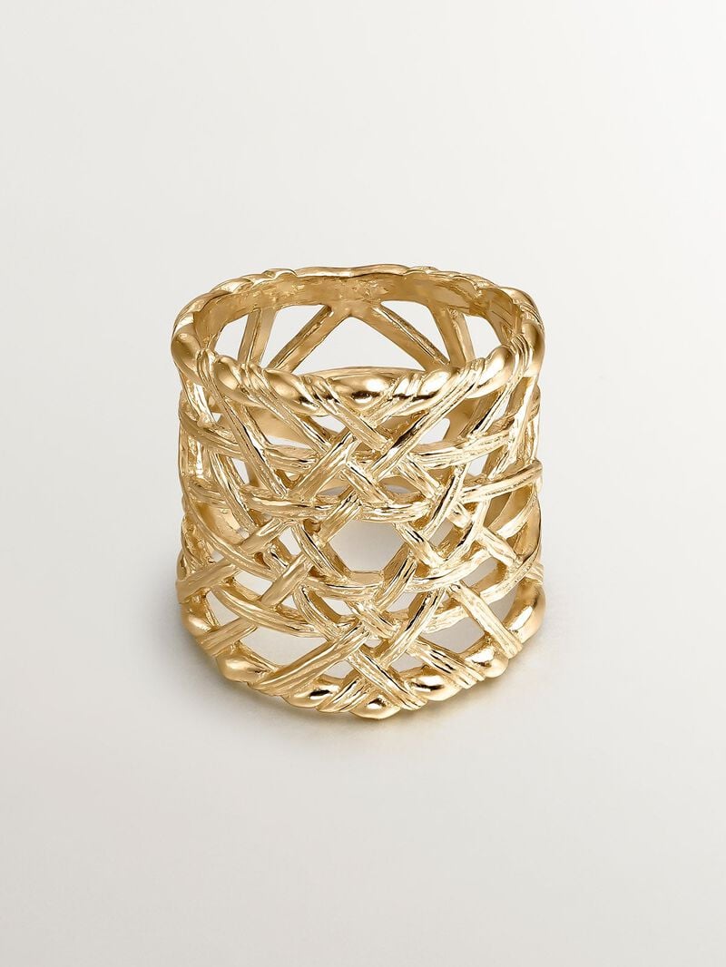 Wide 925 silver ring bathed in 18K yellow gold with wicker texture image number 2