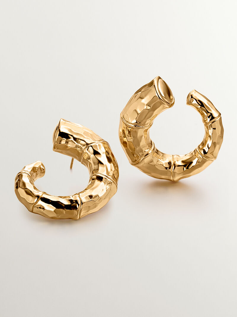 Large hoop earrings made of 925 silver, bathed in 18K yellow gold with a bamboo texture. image number 2