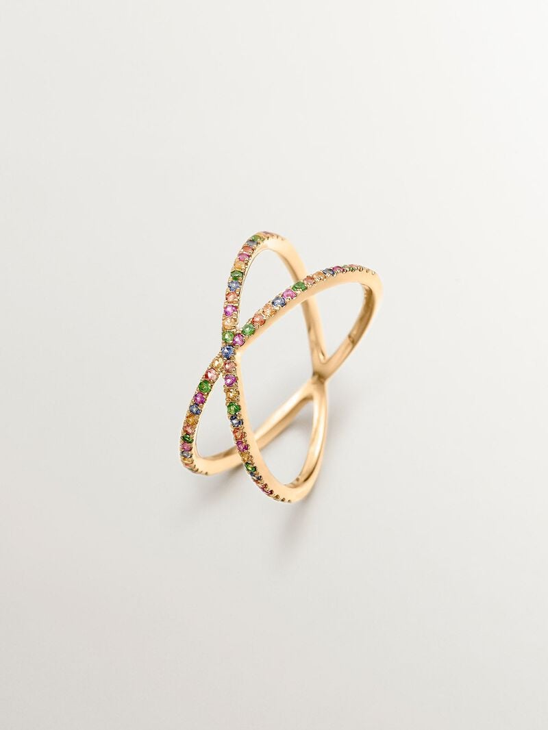 Double crossed 9K yellow gold ring with tsavorites and multicolor sapphires. image number 0