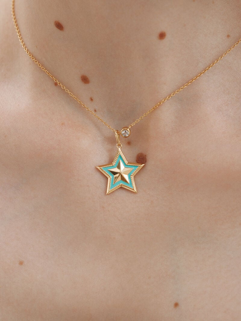 925 sterling silver charm plated with 18K yellow gold and turquoise enamel in the shape of a star image number 1