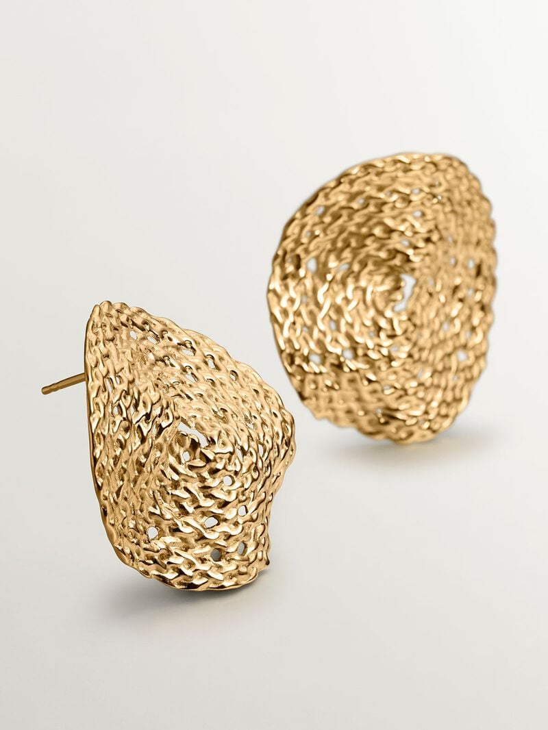 Large 925 silver earrings bathed in 18K yellow gold with wicker texture. image number 4