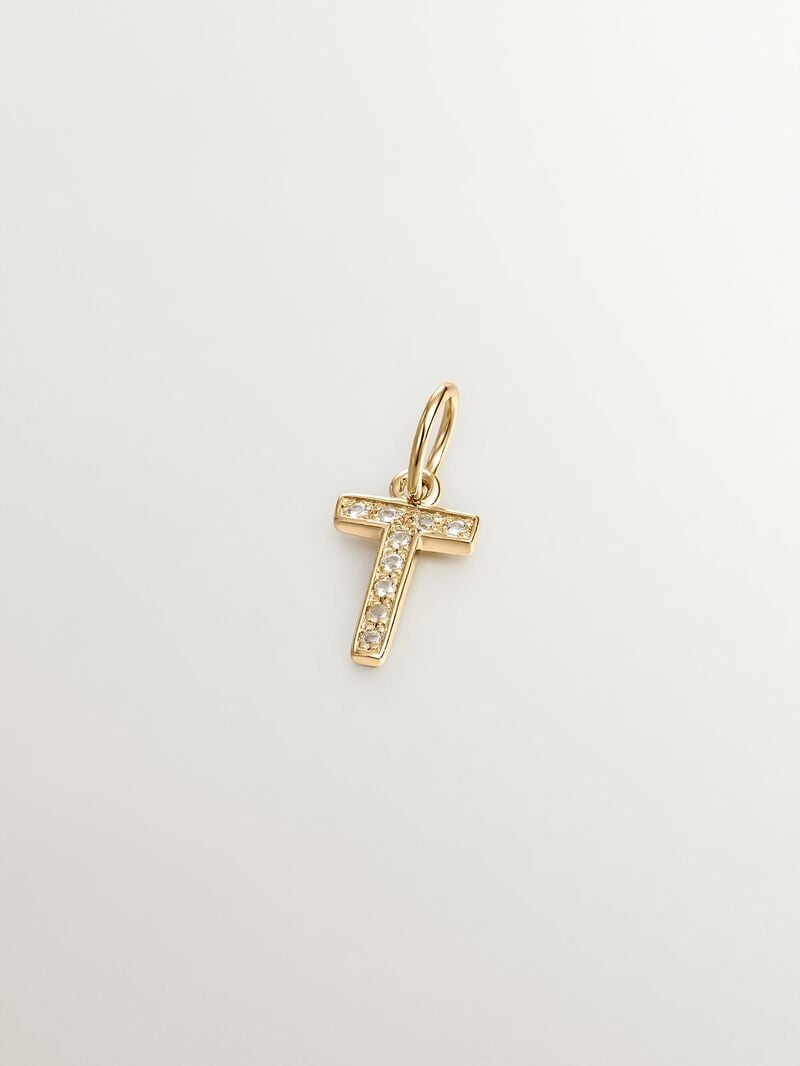 925 Silver Charm Plated in 18K Yellow Gold and White Topaz Initial T image number 0