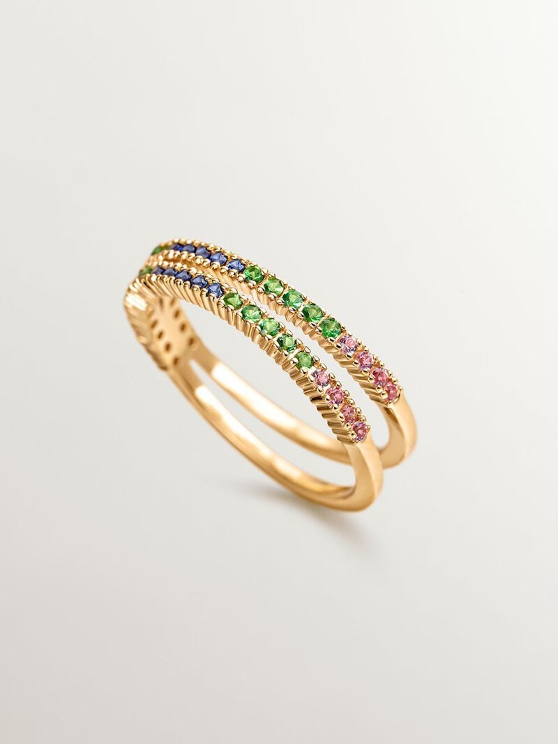 925 Silver Double Ring dipped in 18K yellow gold with tsavorites and multicolor sapphires. image number 4