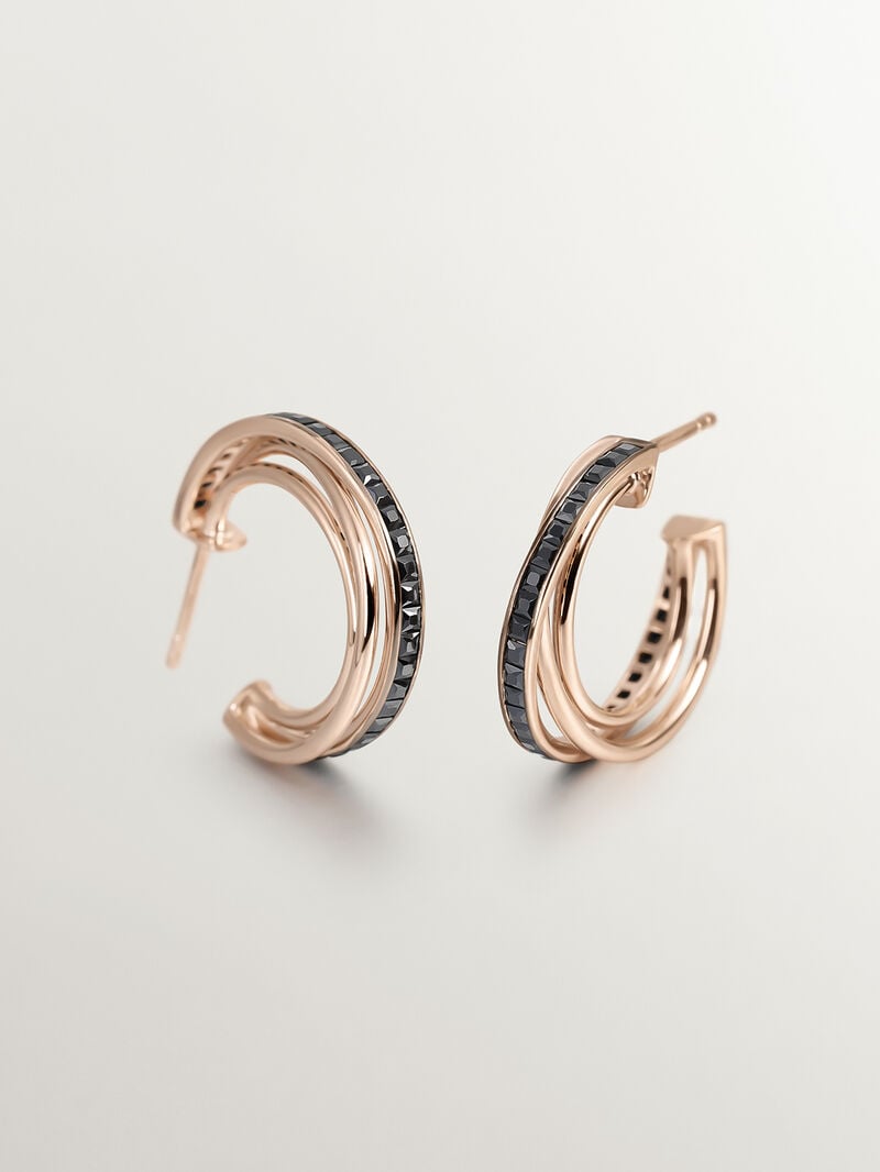 Triple hoop earrings in 925 silver plated in 18K rose gold with black spinels. image number 4