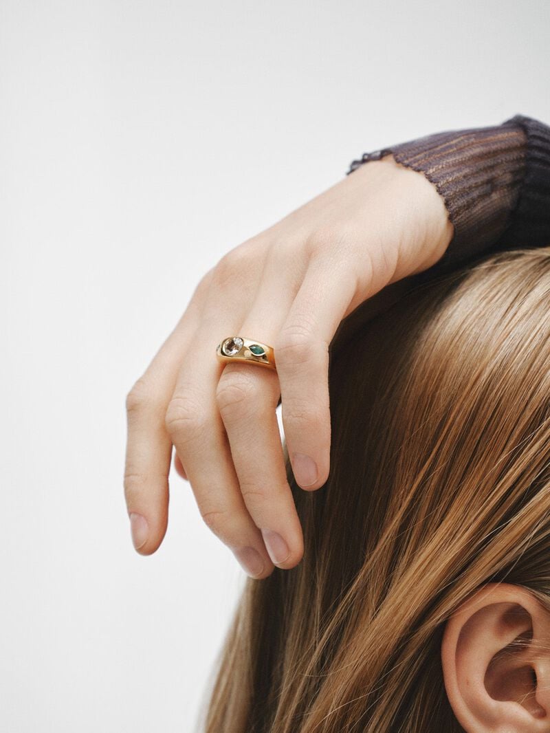 18K yellow gold plated 925 silver ring with central green quartz and green onyx image number 1