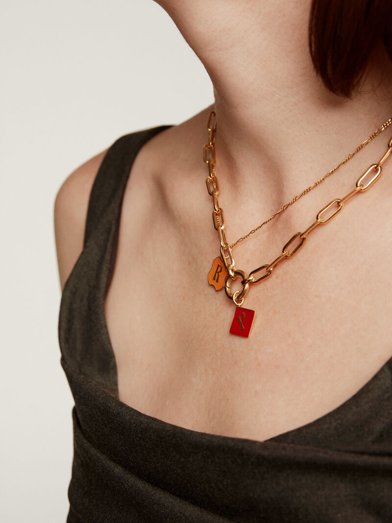 18K yellow gold plated 925 sterling silver charm with initial P and red enamel in diamond shape image number 5