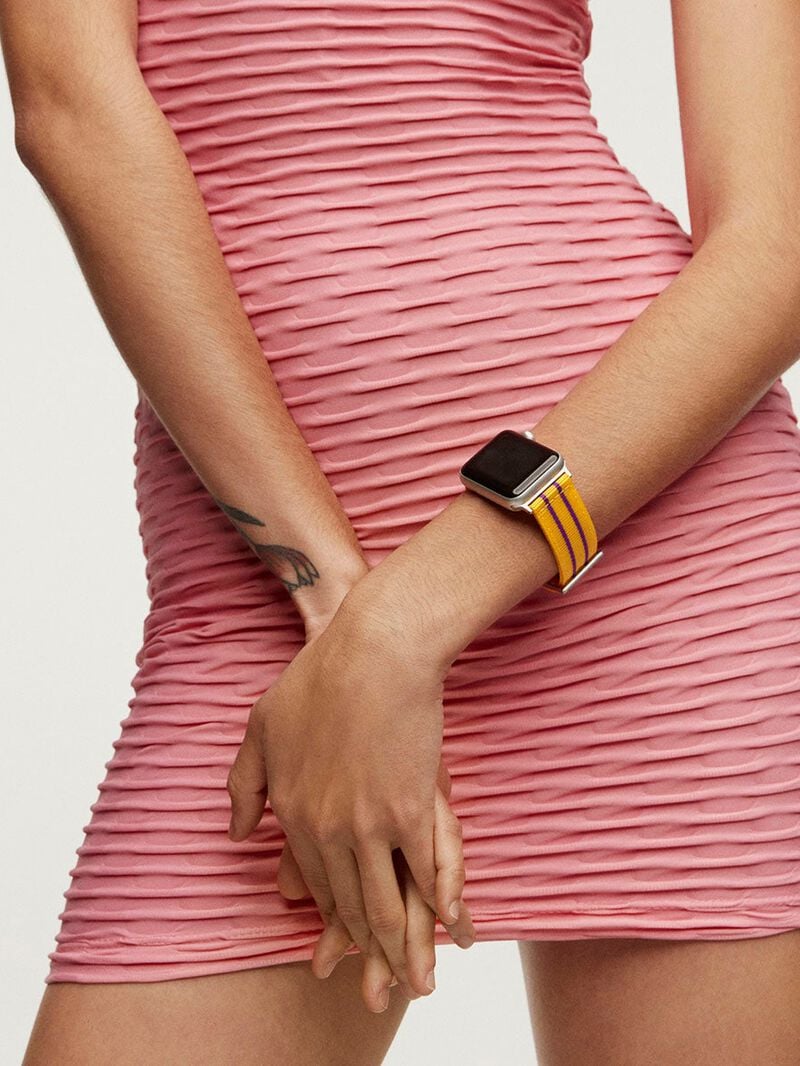 Nylon strap for Apple Watch with yellow and purple stripes. image number 1