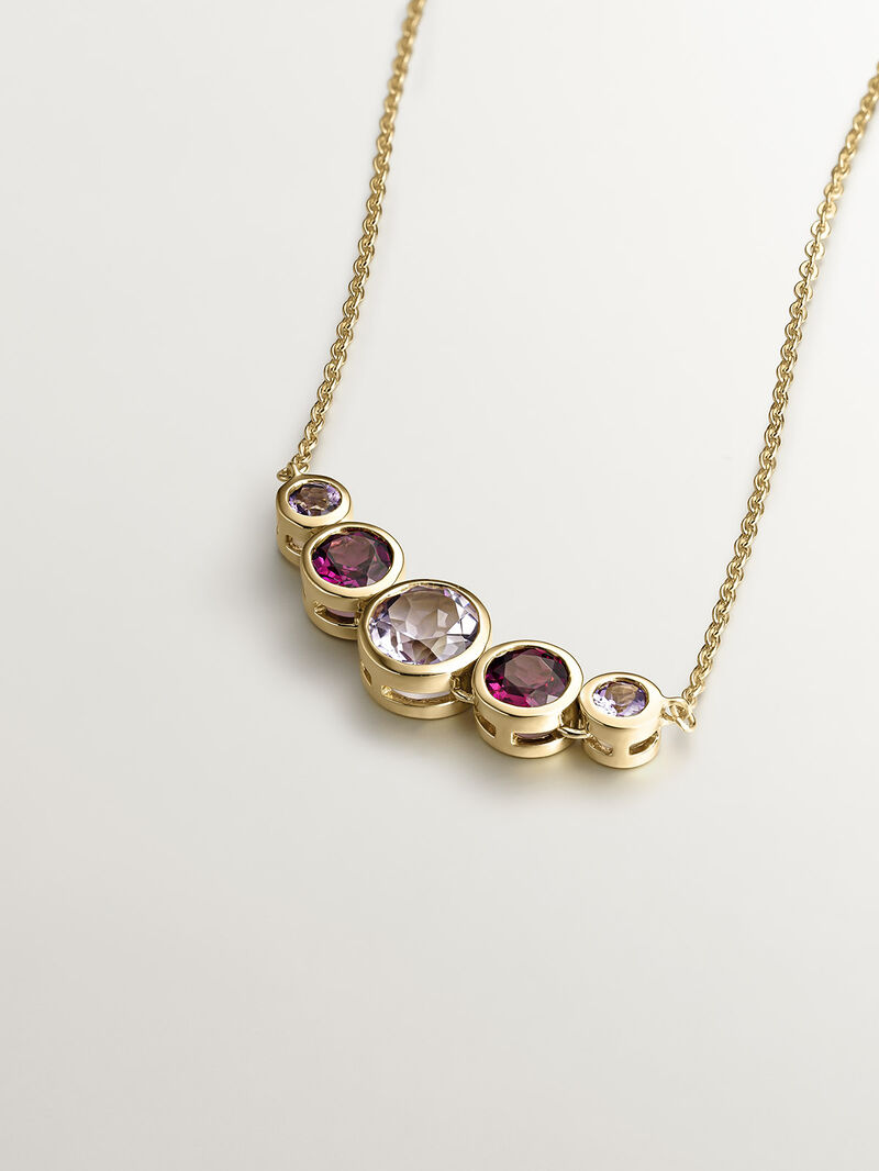 925 Silver pendant bathed in 18K yellow gold with pink rhodolites and purple amethysts. image number 2