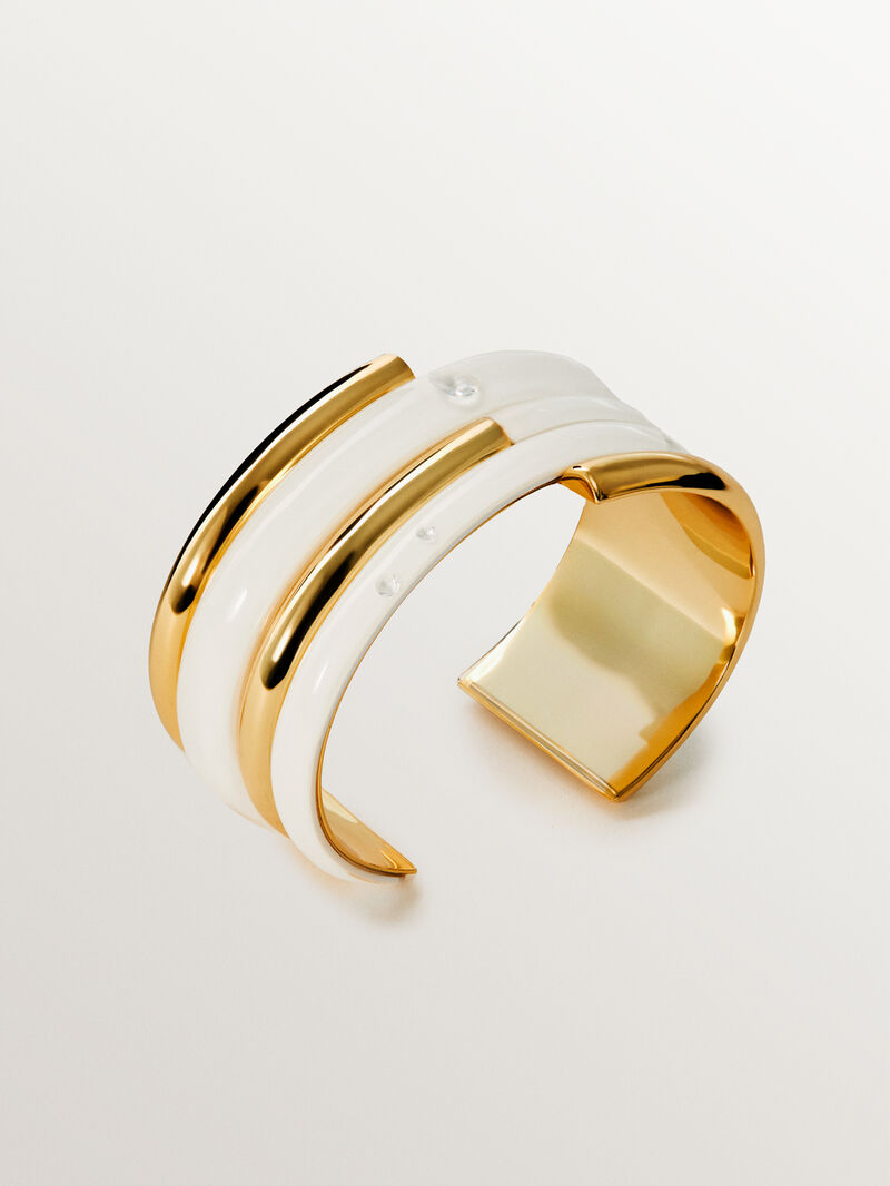 18K yellow gold plated 925 silver bracelet with white enamel and zircons suspended in resin image number 2