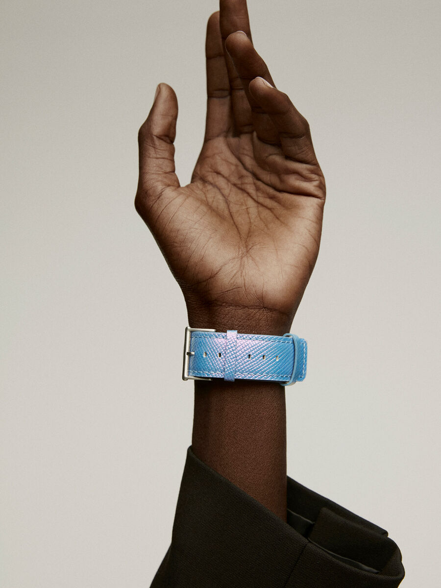Iridescent blue leather Apple Watch band, IWSTRAP-PUIR, hi-res