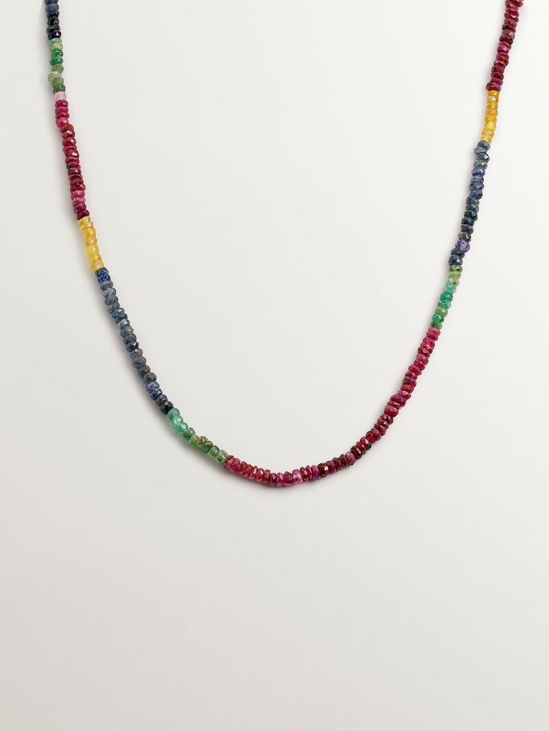 925 Silver necklace bathed in 18K yellow gold with multicolor sapphire beads image number 0