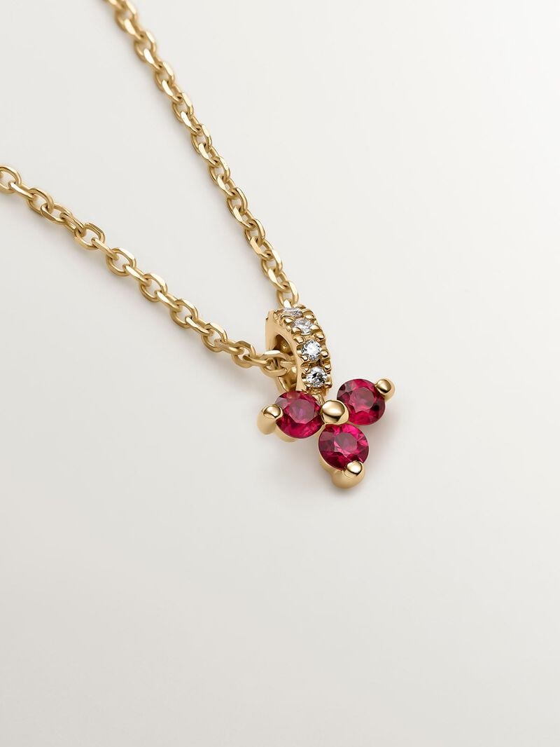 9K Yellow Gold Pendant with Red Ruby Clover and Diamonds image number 2