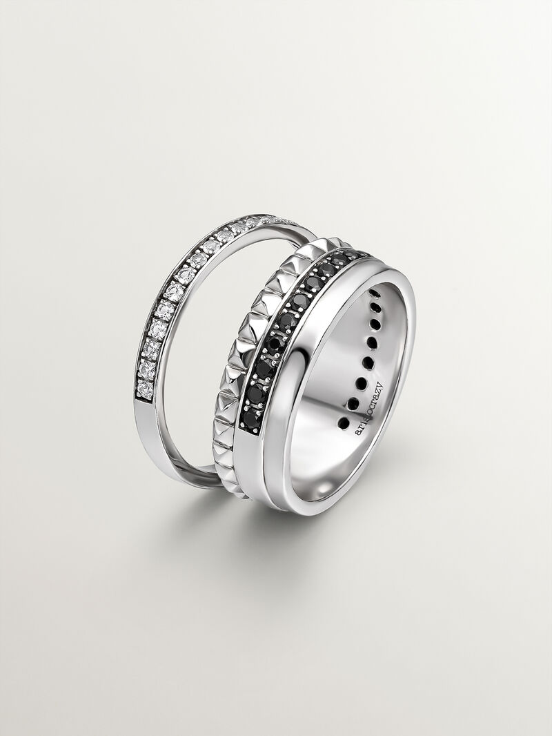 925 Silver double ring with texture and black spinels image number 0