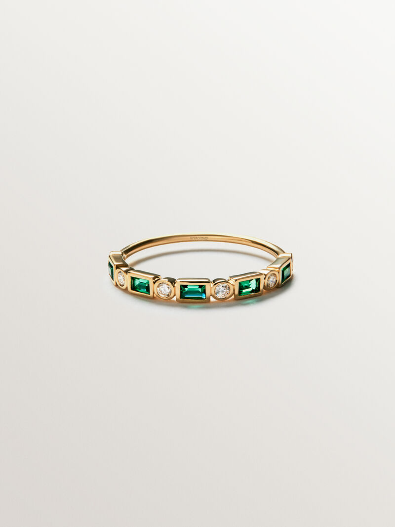 9K yellow gold ring with green emeralds and diamonds image number 0