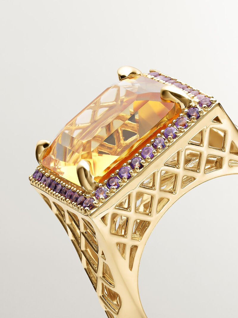 931 Silver ring bathed in 18K yellow gold with orange garnet and purple amethysts. image number 4