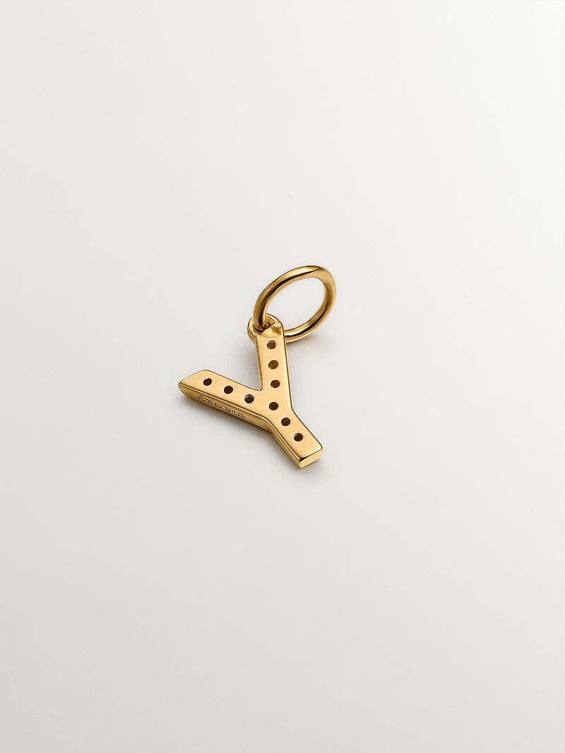 925 Silver charm plated in 18K yellow gold and white topaz, initial Y image number 1